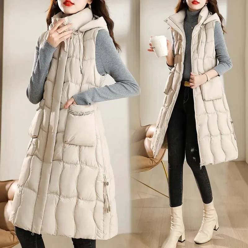 2024 New Winter Parkas Women Down cotton Vest Fashion Hooded Sleeveless Jacket Casual Loose Mid-Length Waistcoat Female top T589