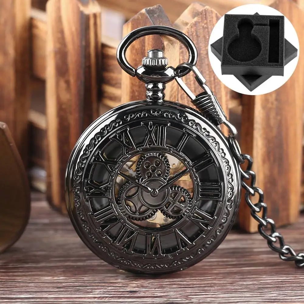 Mechanical Hand Winding Pocket Watch Hollow Gearwheel Design Vintage Steampunk Black/Silver/Rose Gold Fob Chain Pendant Clock