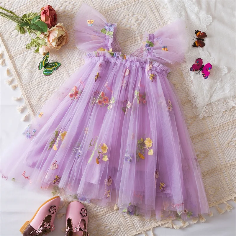 0-5 Years Girls\' Dress Butterfly Dress for Summer New Flying Sleeve Mesh Princess Dress Baby Girls Floral Embroidery Clothes