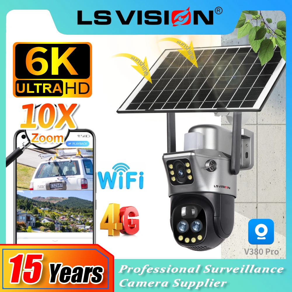 LS VISION 12MP Dual Screen 4G SIM Solar Camera Wifi Outdoor 10XZoom PTZ IP Camera PIR Human Detection V380 Wifi Surveillance Cam