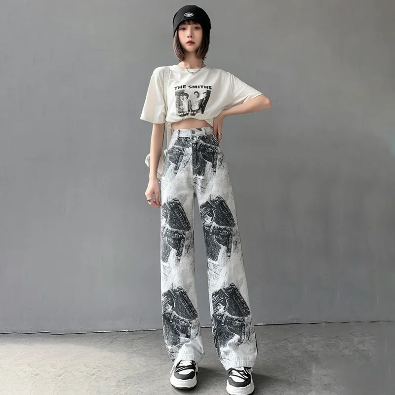 Korea Style Tie-dye Baggy Jeans Women Spring Summer Ink Painting Tidal Current Trousers Vintage High Waist Wide Leg Y2k Pants