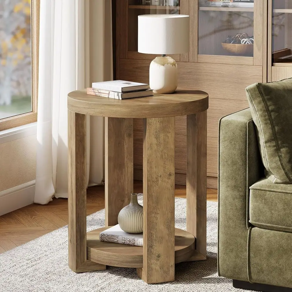 

2-Tier Round Side Table, Small Accent Furniture for Living & Bedroom, Brown