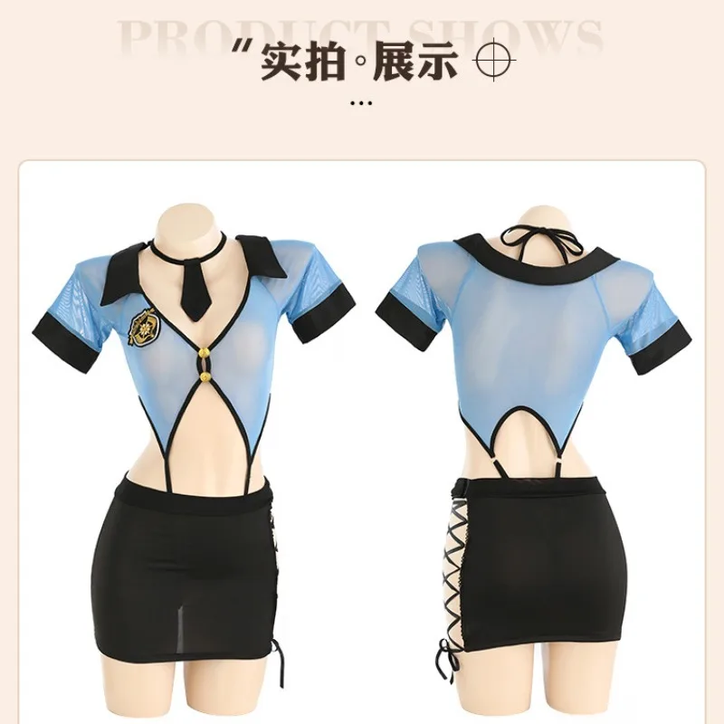 3XL Plus Size Crothless Police Cosplay Uniform Women Sexy Perspective Open File Bodysuit Sexy Lingerie Roleplay Porn Short Dress