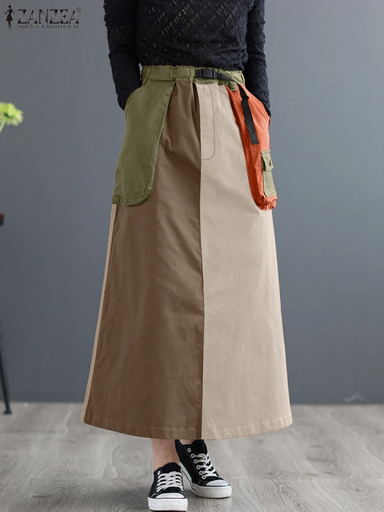 

ZANZEA Autumn Women Cargo Skirts Streetwear Elastic Waist Jupe Elegant Work Faldas Saia Vestidos Fashion Patchwork Midi Skirt