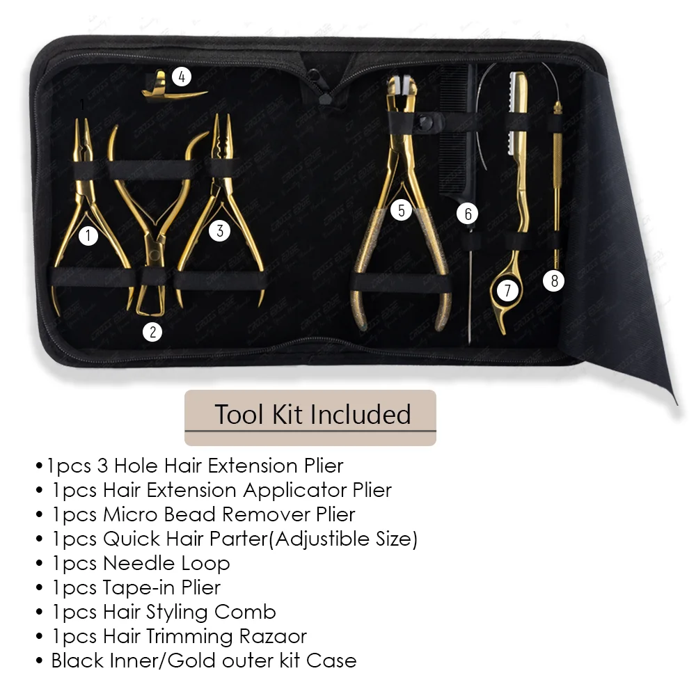 Gold micro bead hair extension tools set, Tape in hair extension pliers Stainless steel with packing case Pulling Loop & Hook