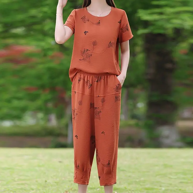 

Mid-Age Mom Summer Casual Set Senior Women Home Short Sleeve T-Shirt Two-Piece Suit