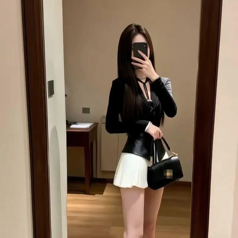 Y2K Spring Autumn Fashion Women Clothing French Cool New Collection Waist Tops High Waist Pleated Skirt 2Pcs Wearing Style