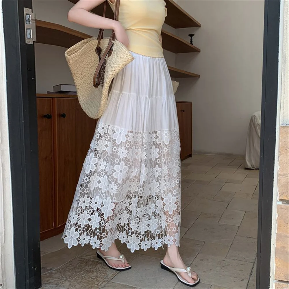 

Лето в корейском стиле, милая кружевная полая юбка трапециевидной формы с высокой талией, винтажная белая юбка с вышивкой для женщин, длинные юбки
