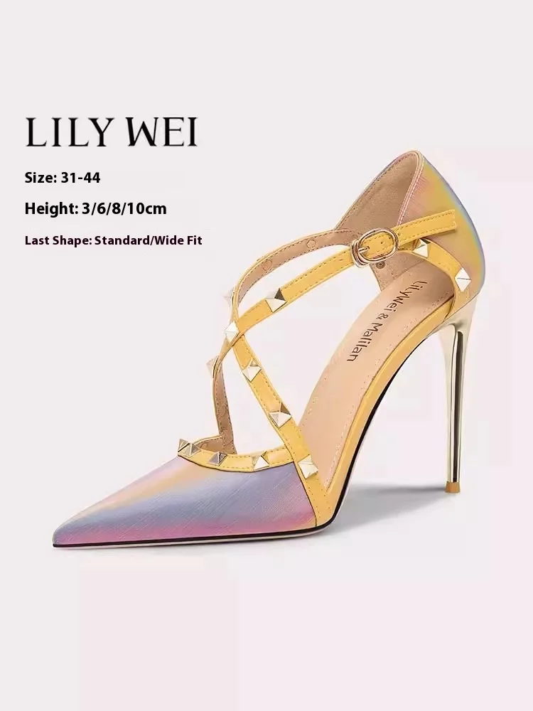 

Тонкие босоножки на высоком каблуке, летние остроконечные туфли из цветной ткани с заклепками и перекрестными ремешками, банкетные расширенные женские туфли большого размера, маленького размера