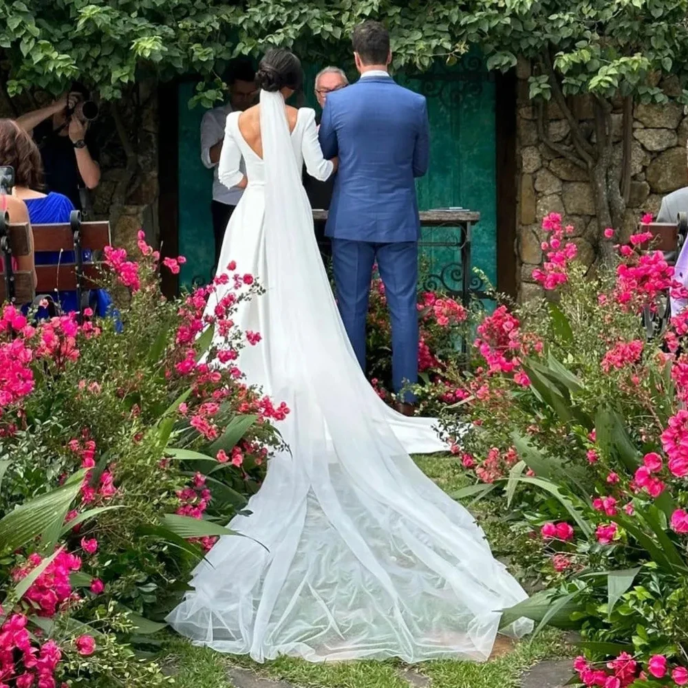 Vestido de casamento vintage longo com pescoço quadrado para nupcial, vestido country sem costas com trem destacável, manga de três quartos