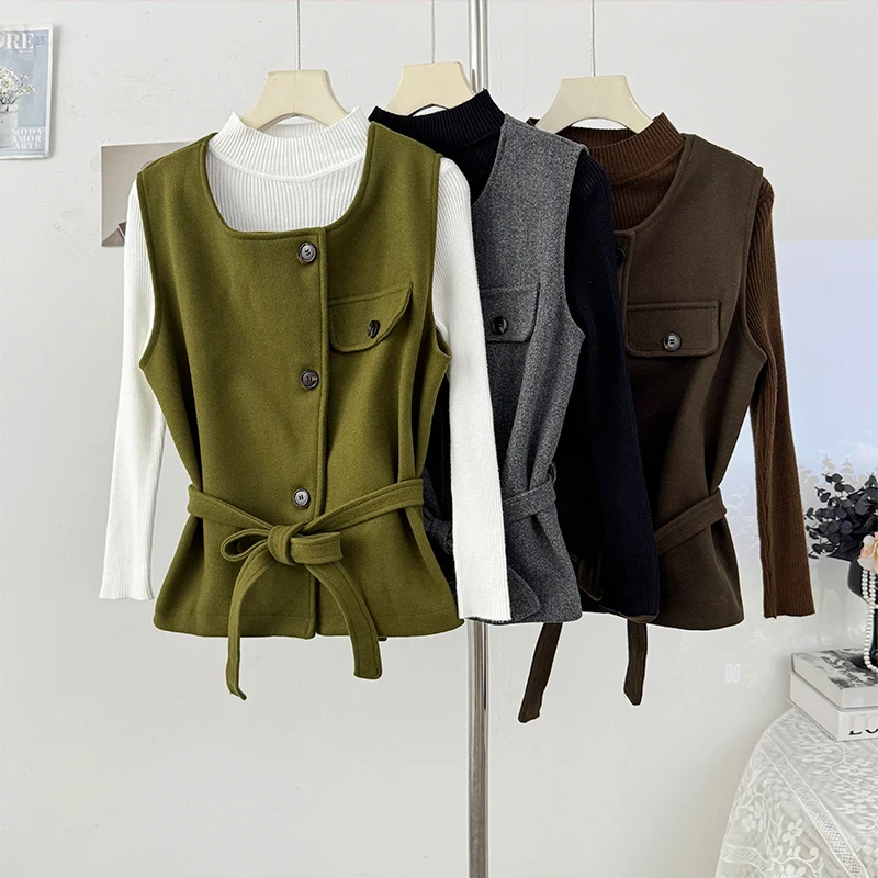

2pcs Women Tosp Shirt Sets Solid Sleeveless Woolen Vest With Belt+Long Sleeve Turtleneck Long Sleeve Slim Bottom T-Shirts