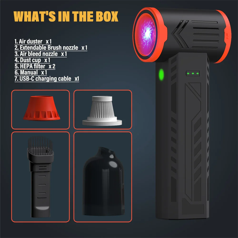 

300W Powerful Turbo Blower Jet Fan, Cordless Vacuum Cleaner, Electric Dust Air Blower, 800g Blowing Force,PC Home Car Cleaning