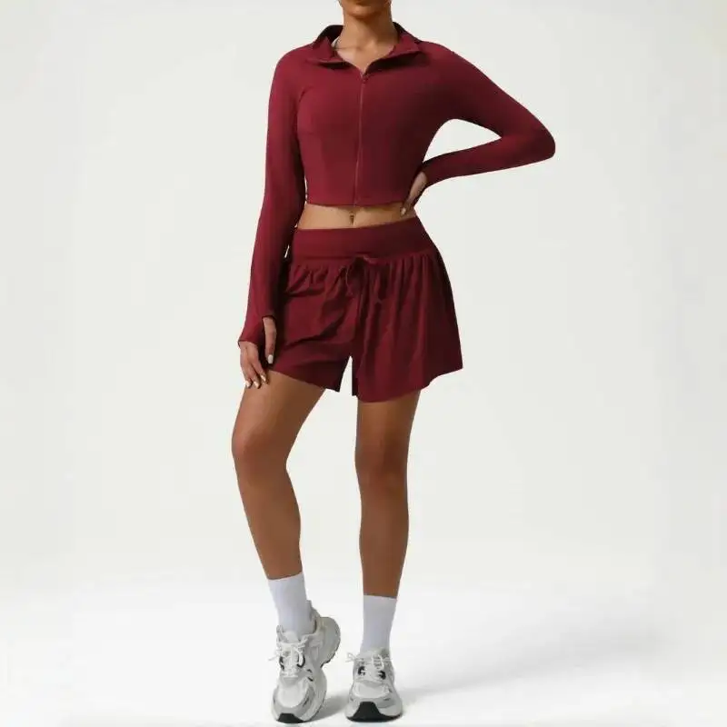 

Women S Hooded Yoga Suit Nude High Waist Slim Fit Quick Drying Stand Up Collar Outdoor Sports And Fiess Shorts Set