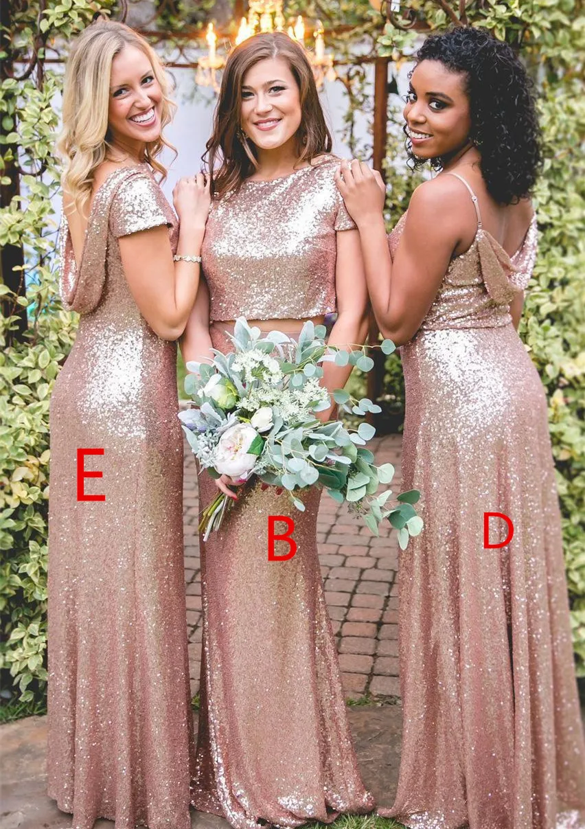 Sparkly Rose Gold Sequins Mermaid Bridesmaid Dresses Plus Size 2022 New Short Sleeves Backless Long Beach Maid of Honor Wear