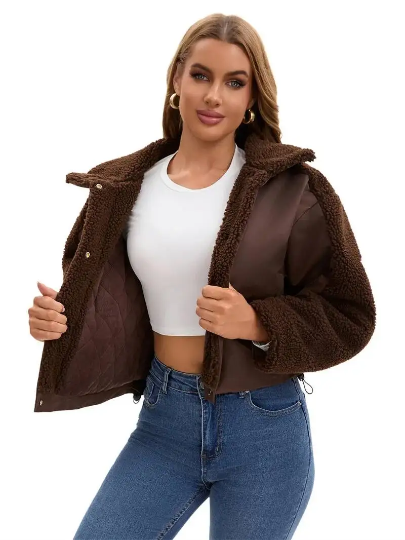 2025 Lambswool Spliced Coat Women's Short Cotton-Padded Jackets Autumn Winter Loose Warm Outerwear Female Fleece-Lining Parkas