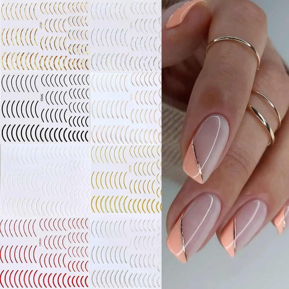 

3D Metal Lines Nail Stickers Gold/Silver Metal Stripe French Decals Curve Adhesive Gel Nails Art Sliders Polish Manicure Decor #