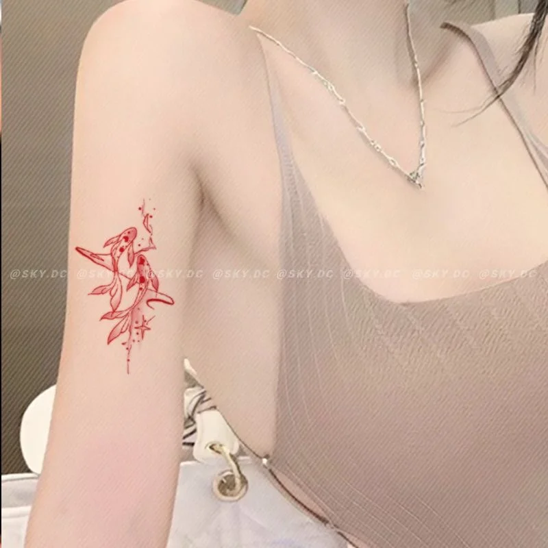 Pink Fish Temporary Tattoos for Women Arm Romantic Cartoon Waterproof Tattoo Stickers Art Lasting Couple Goldfish Fake Tattoo