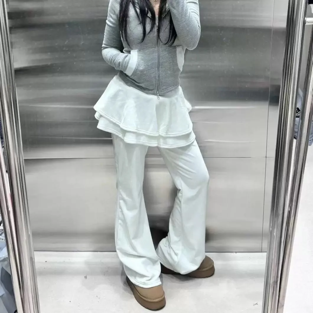 Sweet Velvet Skirt Hem Pantsuit Pure Color Bell Bottoms Women's Casual Long Trousers Fake Two-Piece Spring Autumn New Arrival