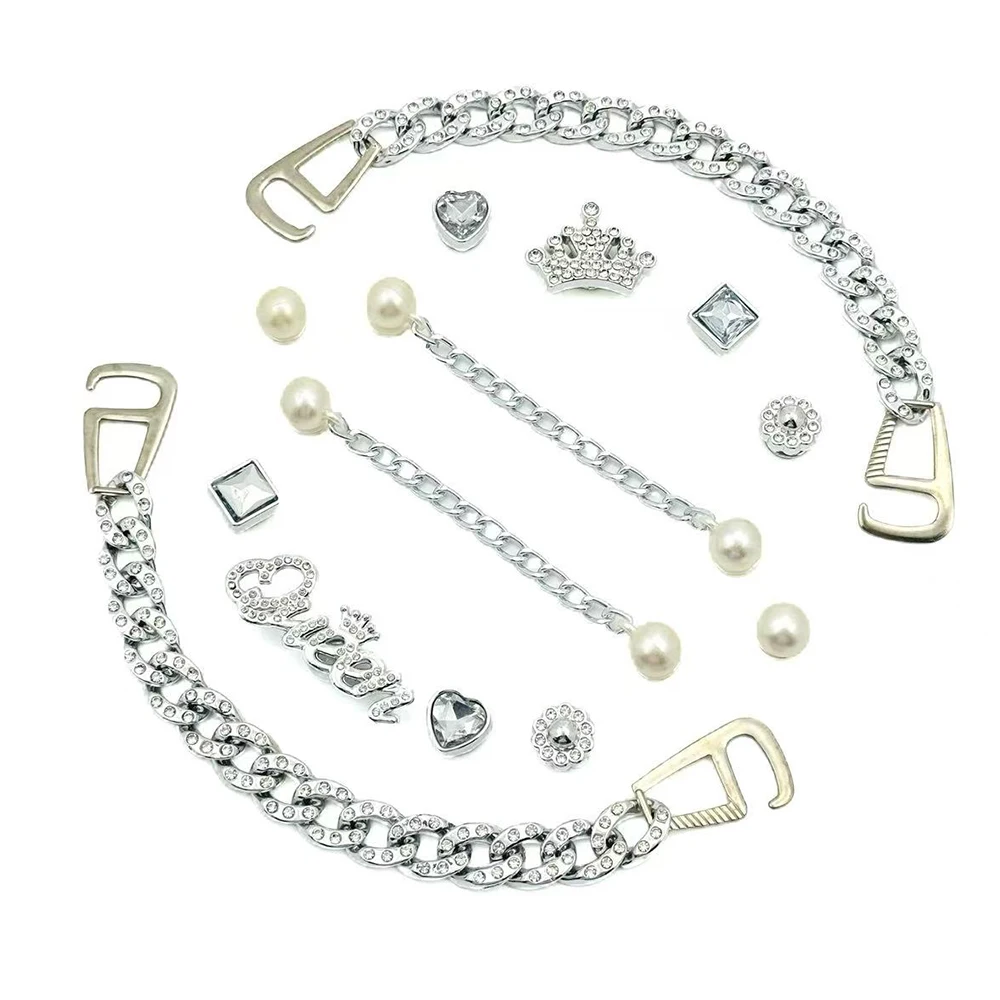 14Pcs Fashion Shoe Charms Set for Sandals Clogs Pins DIY Accessories Silver Chain Personalized Sneaker Decorations for Women