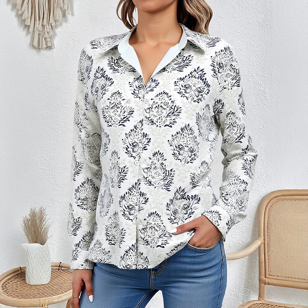 

Mia Muse 2025 Women's Shirts Autumn Comfy Full Print Button Front Long Sleeve Shirt Collar Elegant Fitting Slim Shirts