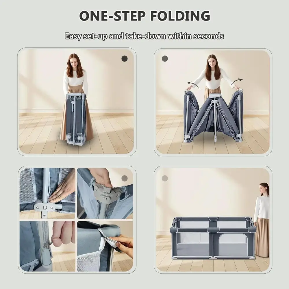 روضة أطفال محمولة مقاس 50 × 50 قابلة للطي مع حصيرة للأطفال والأطفال الصغار، إطار معدني وجدران شبكية، منطقة لعب داخلية/خارجية #5