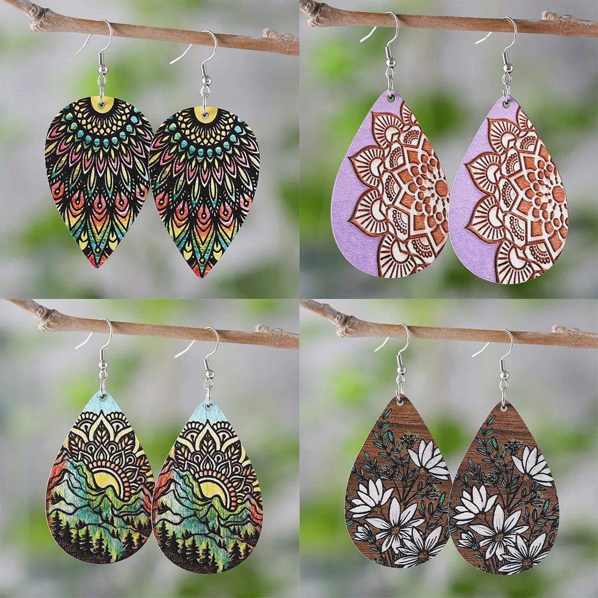 western ethnic style flower leaf tree texture water drop pendant earrings wooden double-sided earrings gift