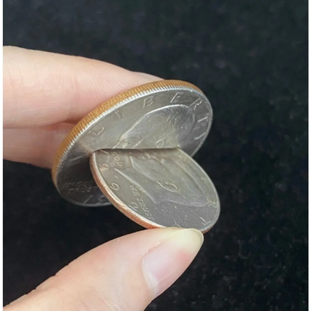 Coin Through Coin Magic Trick – Half Dollar Through Dollar Illusion Gimmick, Easy Close Up Coin Magic Prop with Tutorial