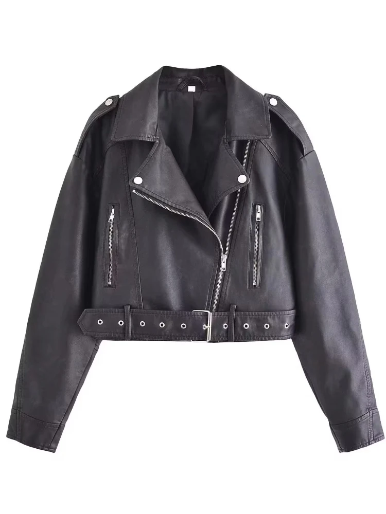 Fitaylor Veste en similicuir pour femme avec ceinture, manteau court en PU, rue haute, fermeture éclair rabattue, moto motard vintage, printemps, automne, nouveau