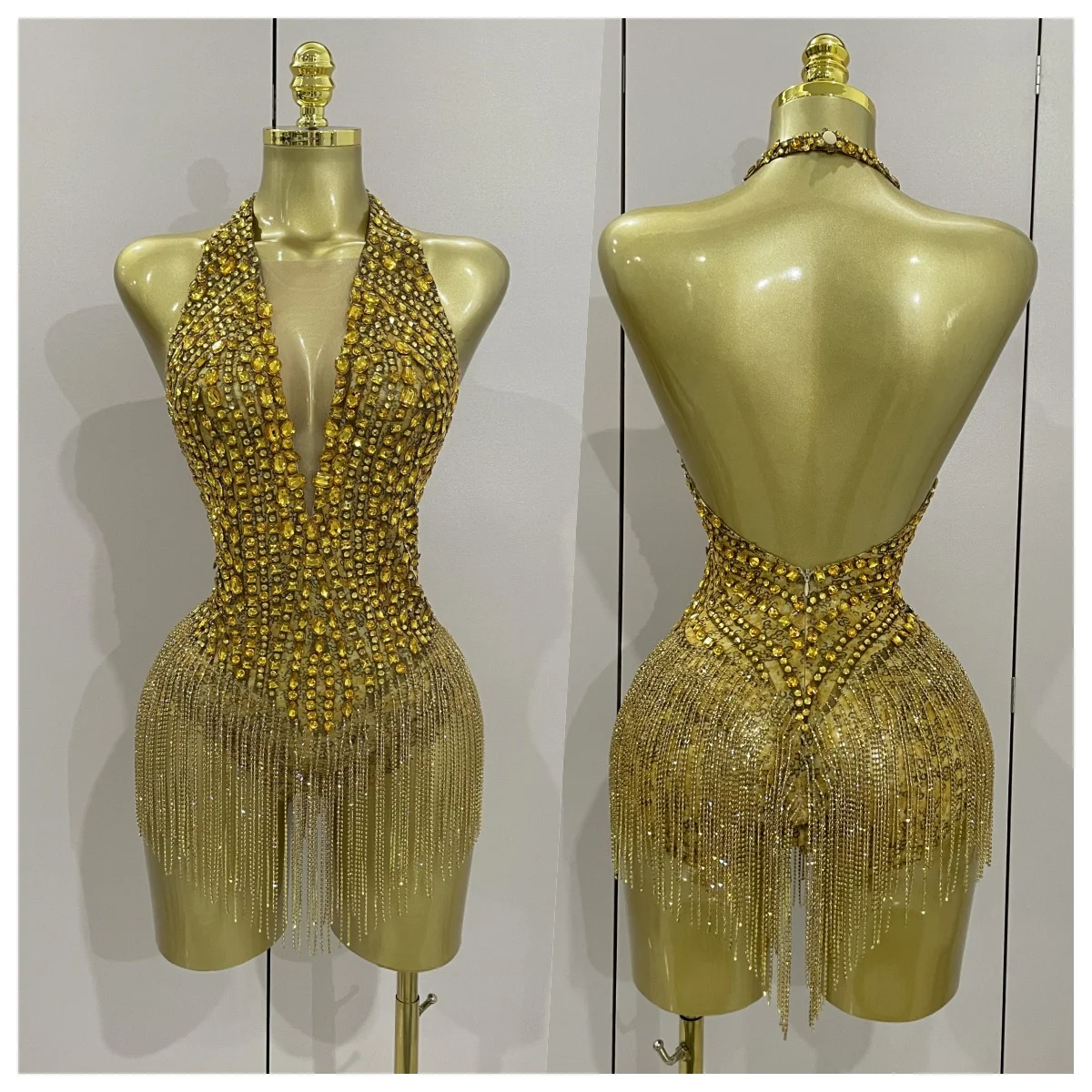 

Luxury Golden Rhinestone Sexy Mesh Stretch Bodysuits Women Birthday Dancer Performance Stage Wear Nightclub Team Hotwife Outfit
