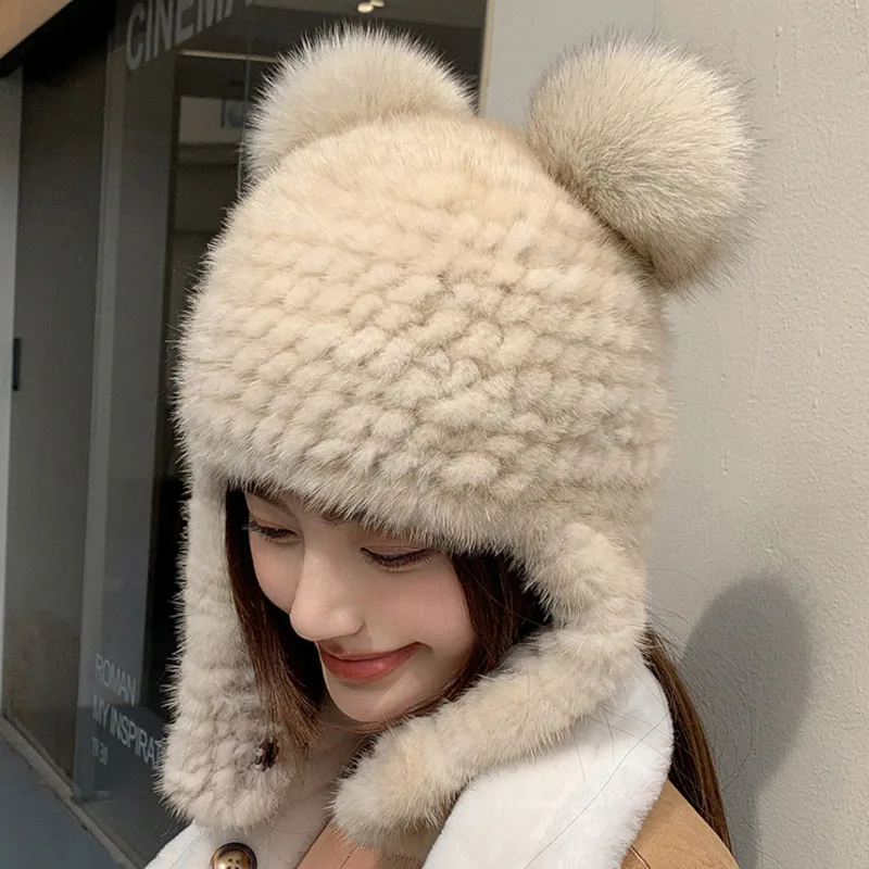 

Winter Real Mink Fur Hat With Fox Fur Ball Large Ear Protectors For Outdoor Travel Warmth Thickened Fur Hat Elastic Female Caps