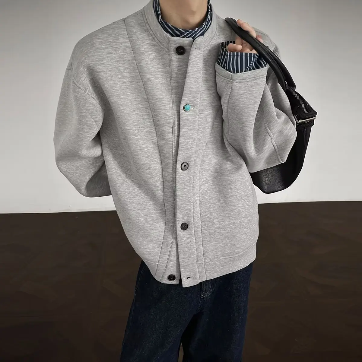 

Loose Fit Men's Baseball Collar Jaet Autumn Winter plus Size 250 Pou een Turquoise Button Casual Versatile Outerwear