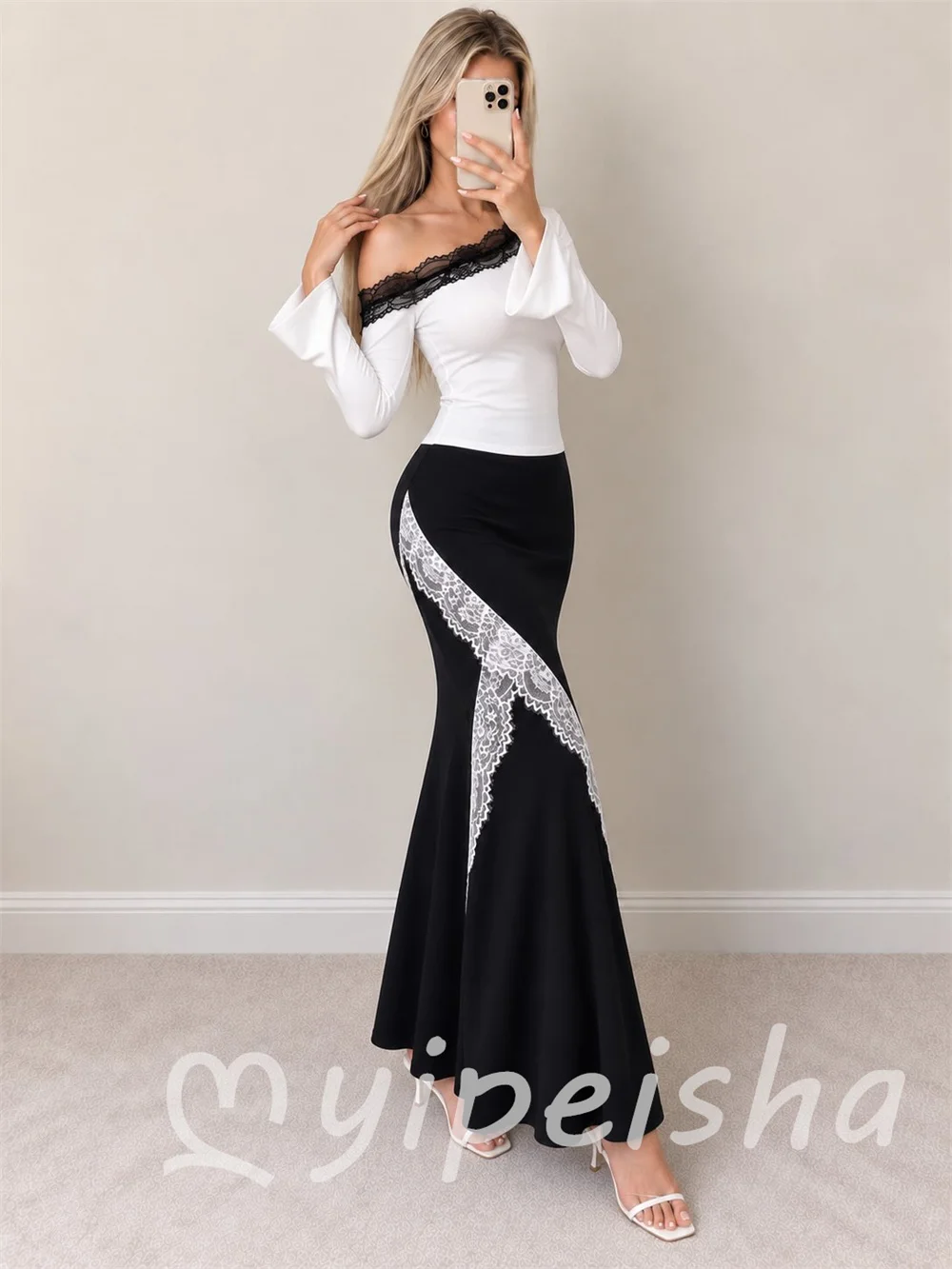 Black Matching Simple Jersey Lace Pleat Mermaid Off-the-shoulder  Ankle Length Evening Dresses Women's Party Gowns Customized