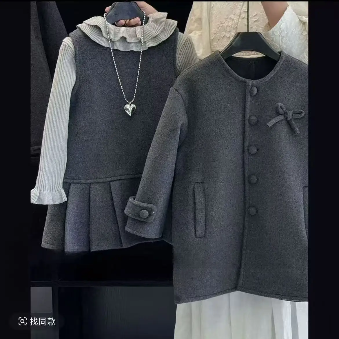 Girls 3 Piece Outfit 2026 New Korean Fleece Lined Woolen Coat Thick Warm Winter Kids Windbreaker Suit