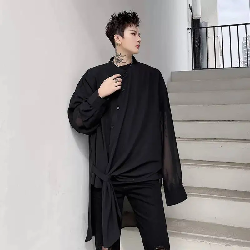 HKSH Spring Summer New Men Tide Dark Square-Neck Long-Sleeved Shirt Loose Fit Medium-length Lace-up Light Sun Protection HK22369
