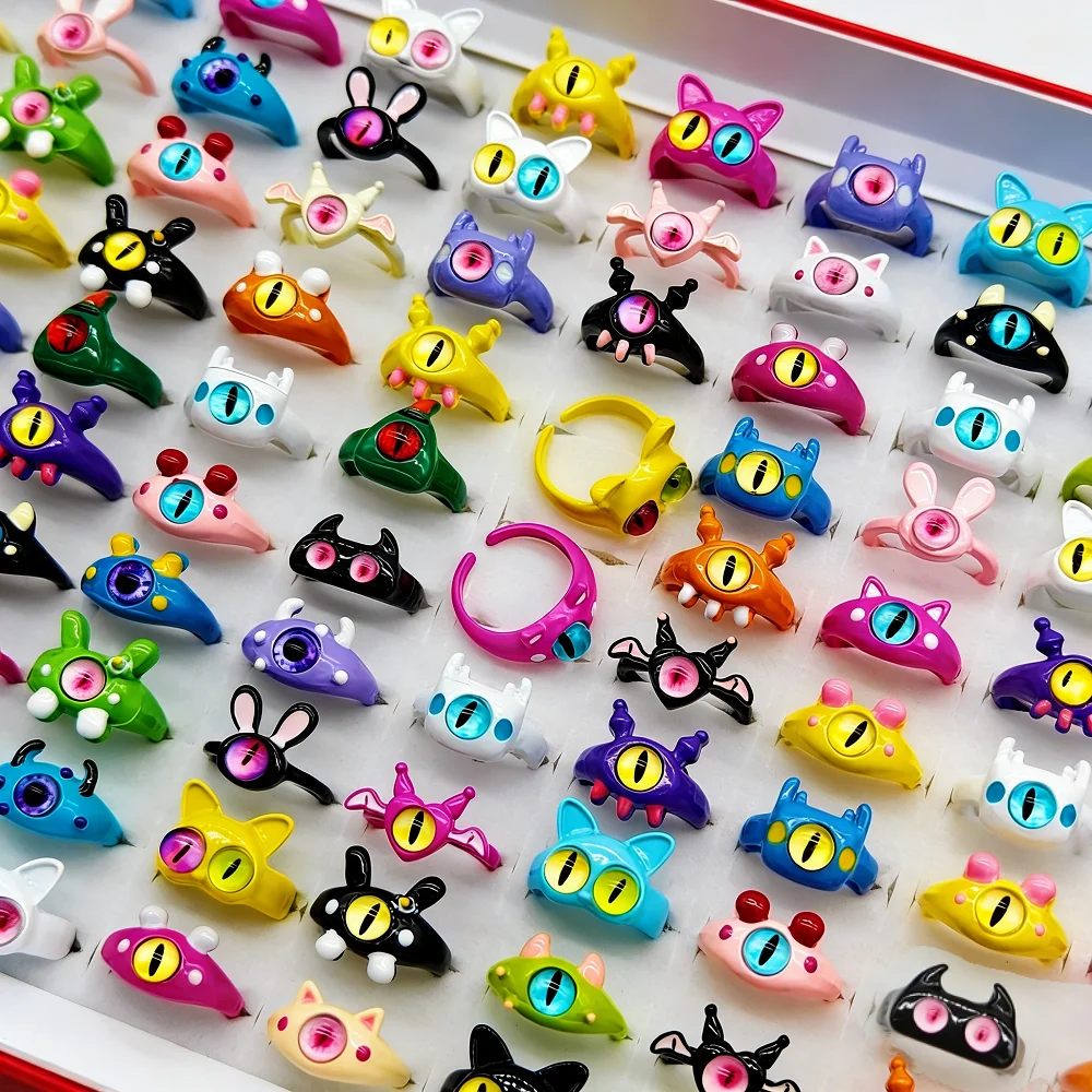 10/20/30Pieces Fashion Cute Colorful Monster Eye Rings Set For Women Men Mix Style Trendy Cartoon Jewelry Party Gifts