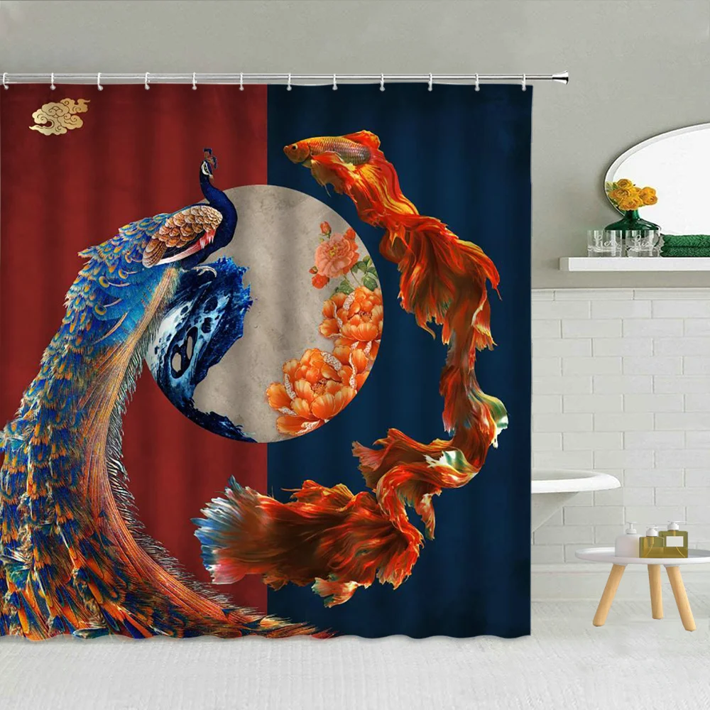 3D Bird Fish Flower Striped Shower Curtains Peacocks Koi Peony Cloud Bathroom Decor Curtain Waterproof Fabric Bath Screen Cheap