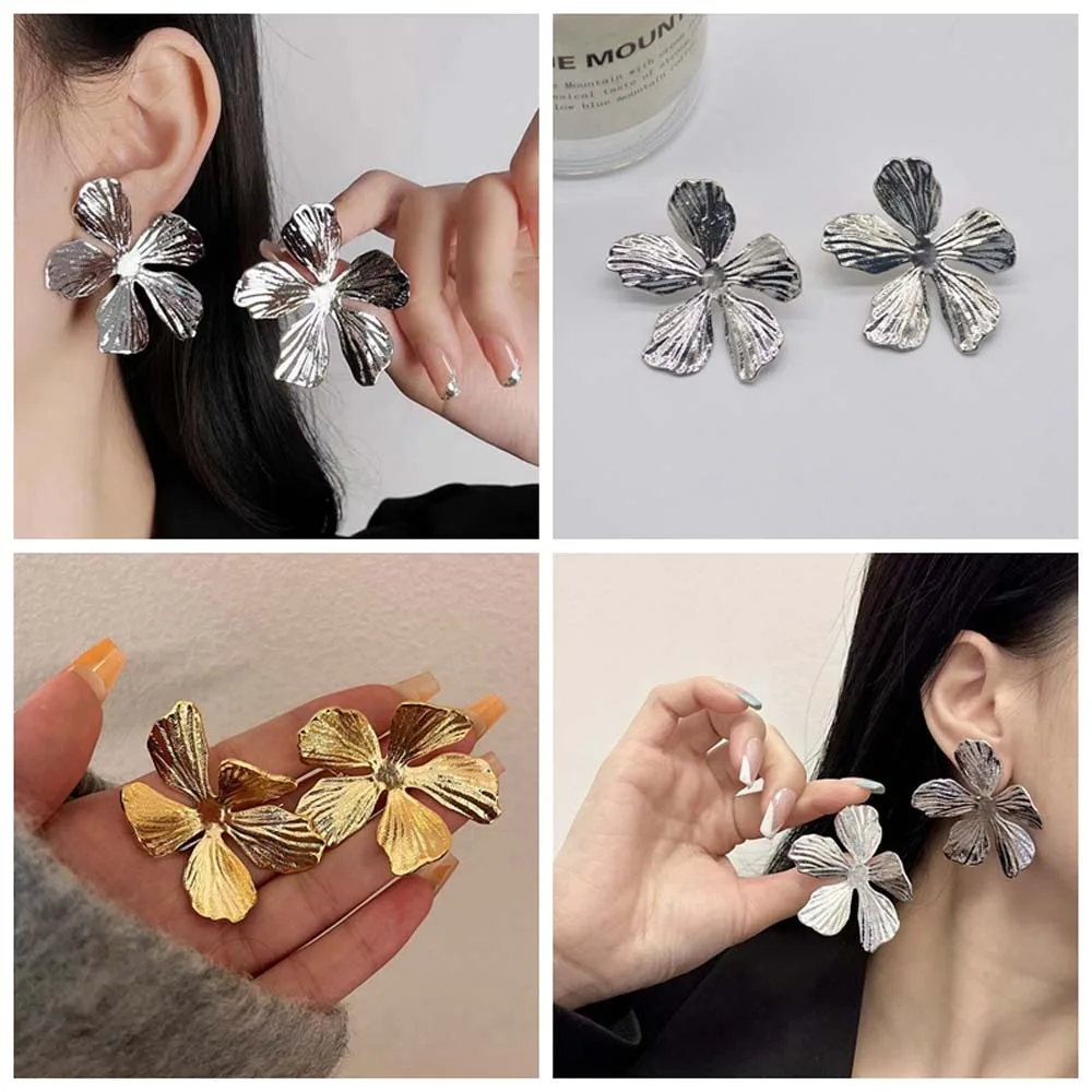 Korean Style Gold Flower Stud Earrings Evening Dress Accessories Exaggerate Flowers Alloy Flower Earrings Gold Silver Color