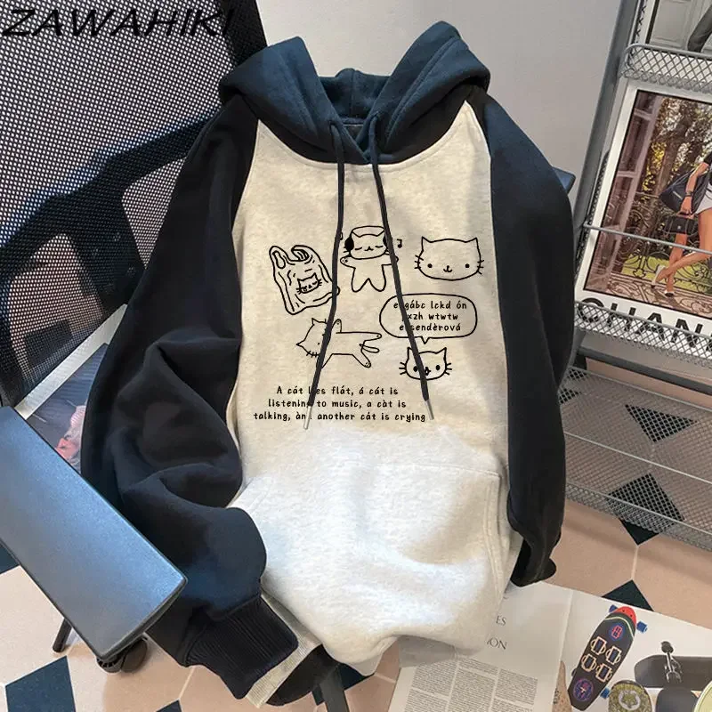 Japanese Sweet Cute Letter Cartoon Print Patchwork Contrast Color Hoodies Sweatshirt Women Fall Winter Loose All Match Chic Top