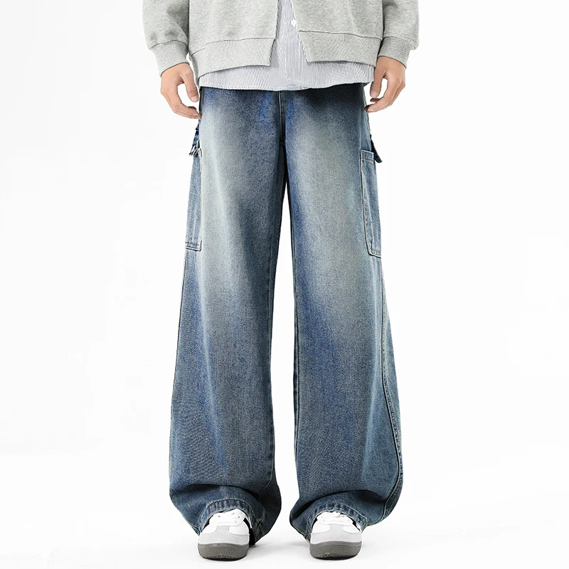 

Large Pocket Linen Pants Men Working Jeans Large Wide Version P44 New Loose Wide-leg Straight Trousers Hairpin Y2k Sweatshirt