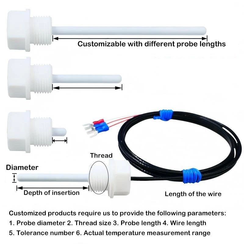 PT100 fluorine-coated thermoresistance for temperature sensing, featuring a four-part threaded probe, is resistant to corrosion