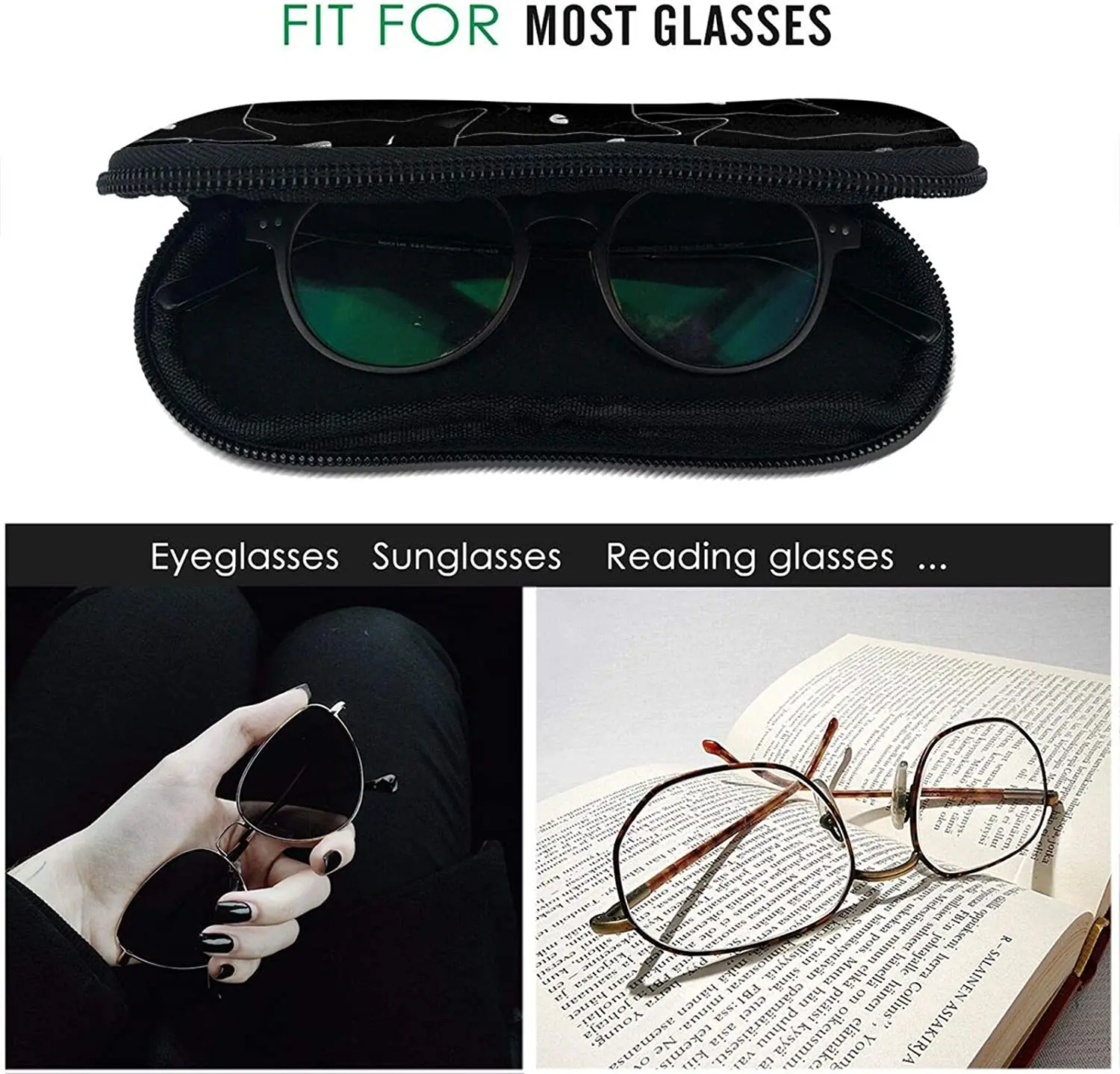 Black Cat Sunglasses Case Zipper Portable Glasses Case Box Soft with Belt Clip for Men Women Large