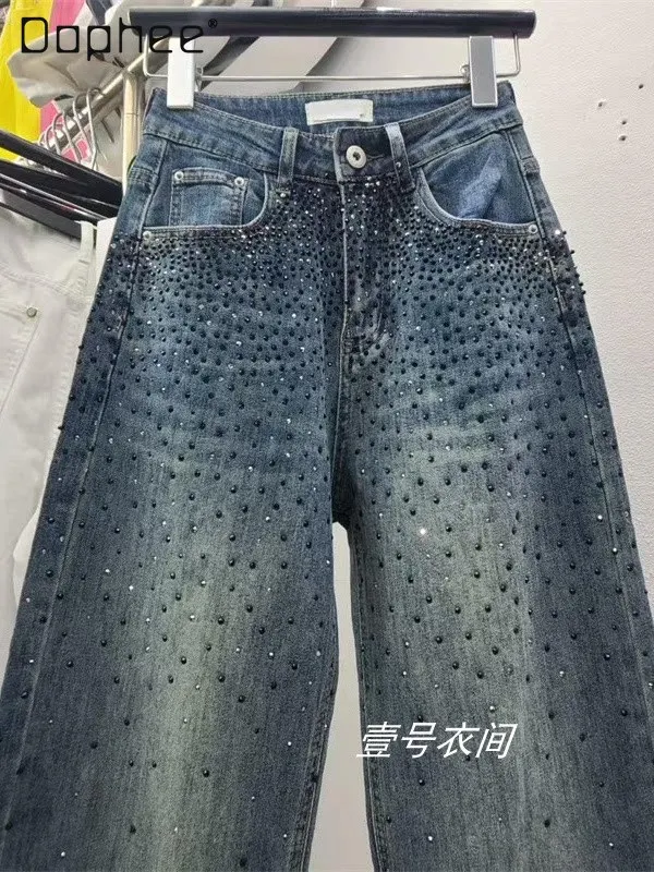 

Новые женские джинсы с прямым кроем и стразами, весна 2026, утепленные, с декоративными элементами из страз