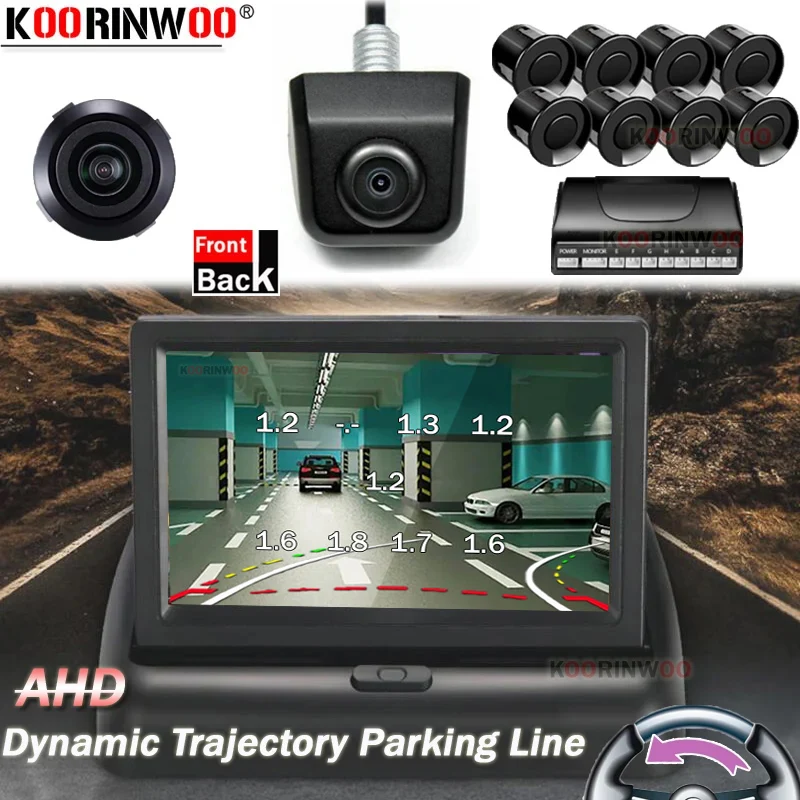 Koorinwoo Car Parking 8 Sensors Kit Parktronics Reverse Radar Sound Buzzer Alarm Sound with Camera/Monitor Front&Rear Dual View