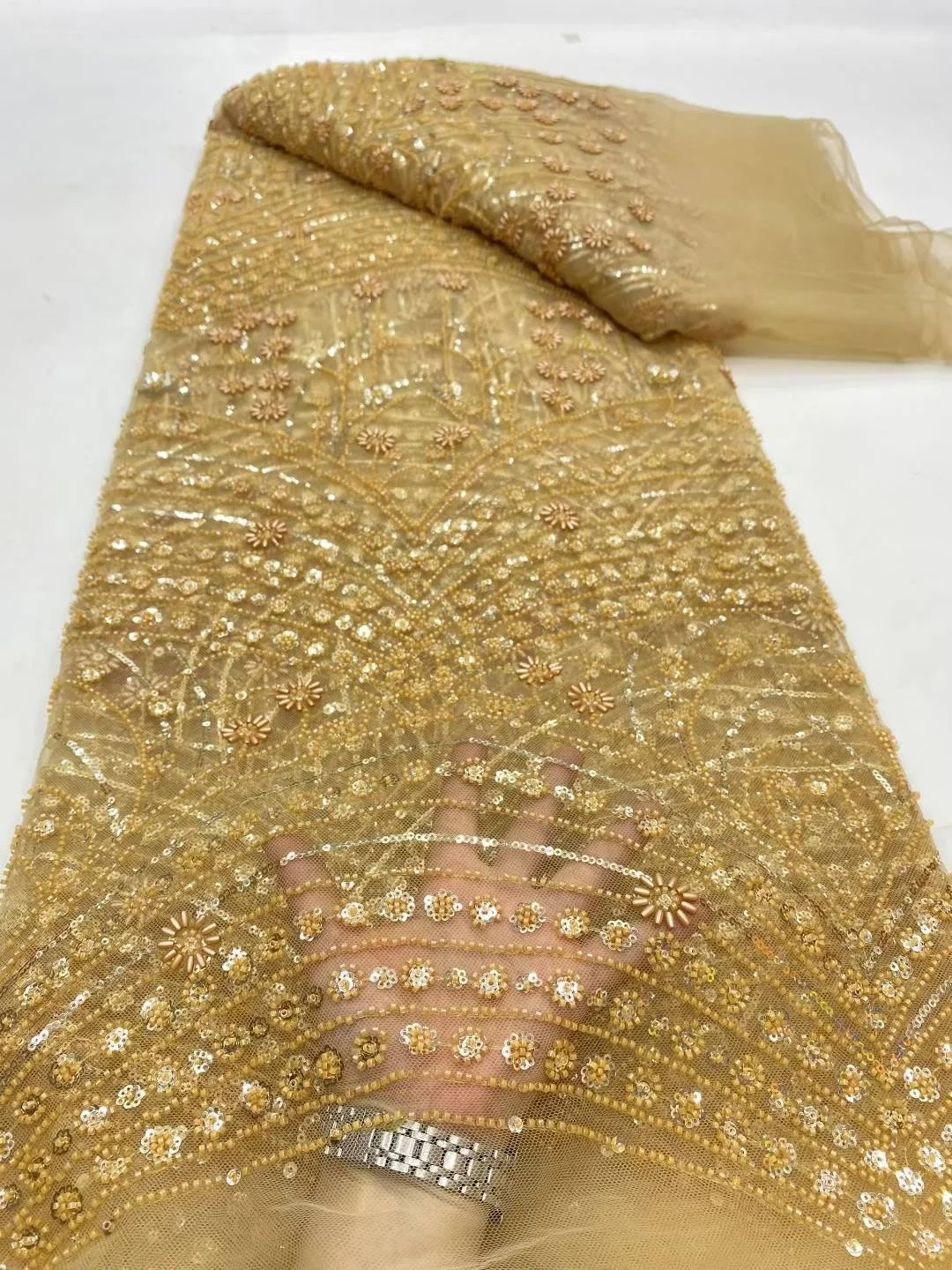 

2025 High Quality African Nigerian Tulle Lace Fabric Sequins Embroidery French Guipure Wedding Party Dress Beaded 5Yards DP0433