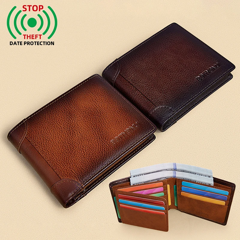 Top Grain Cowhide Leather Men Ultra Thin Short Wallet, Integrated Driver License Pocket Multi Card Slots Large Capacity Billfold