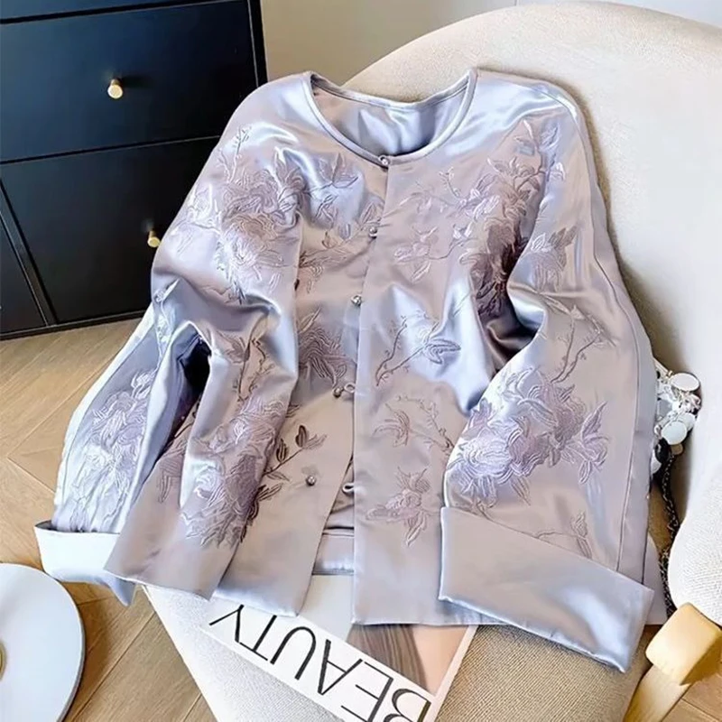 

Elegant Chinese Style Embroidered Coat Women's Fashion Loose Gray Tang Jacket Long Sleeve 2025 Spring New Luxury Casual Outwear