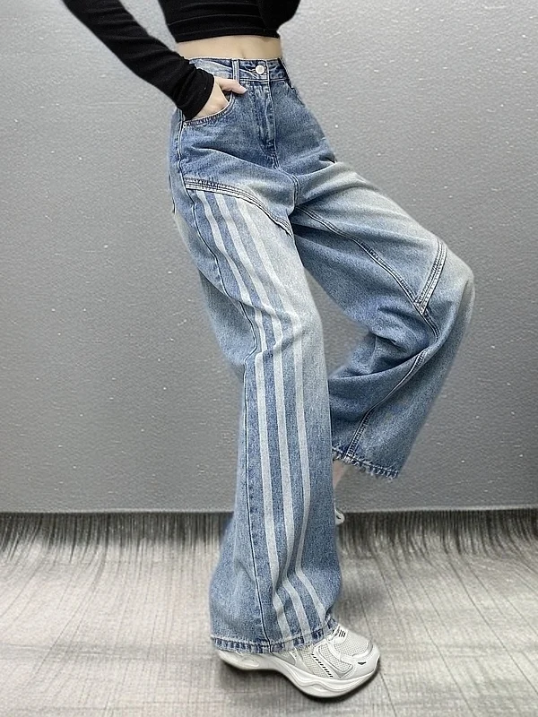 

High Waist Wide Leg Jeans Women's Spring Autumn Trendy Striped Splicing Denim Pants Slimming Effect Casual Sle Multi ket