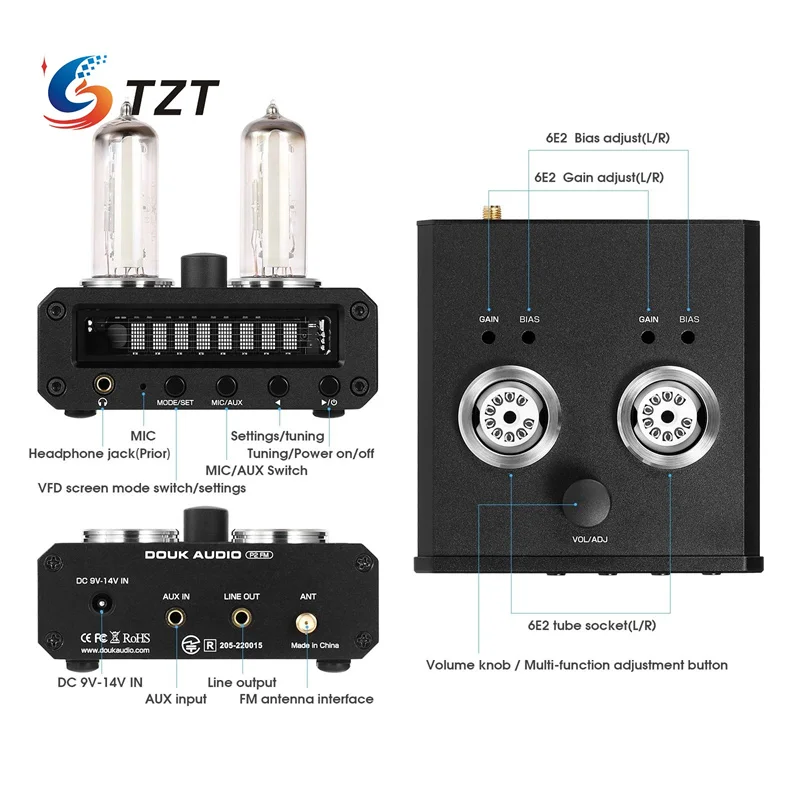 TZT P2-FM Headphone Amplifier 6E2 Electronic Tube Level Meter Si4730 FM Radio Receiver + VFD Clock