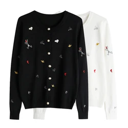 Chic Round Neck Embroidered Knitted Top Casual Thin Sweater Jacket for Women