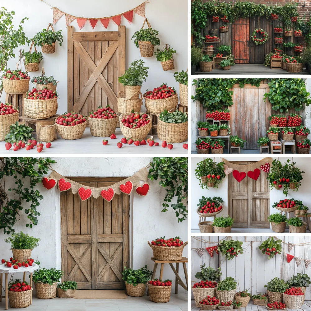 Farmhouse Strawberry Photography Backdrop Rustic White Wood Door Wedding Background Baby Birthday Cake Smash Photoshoot